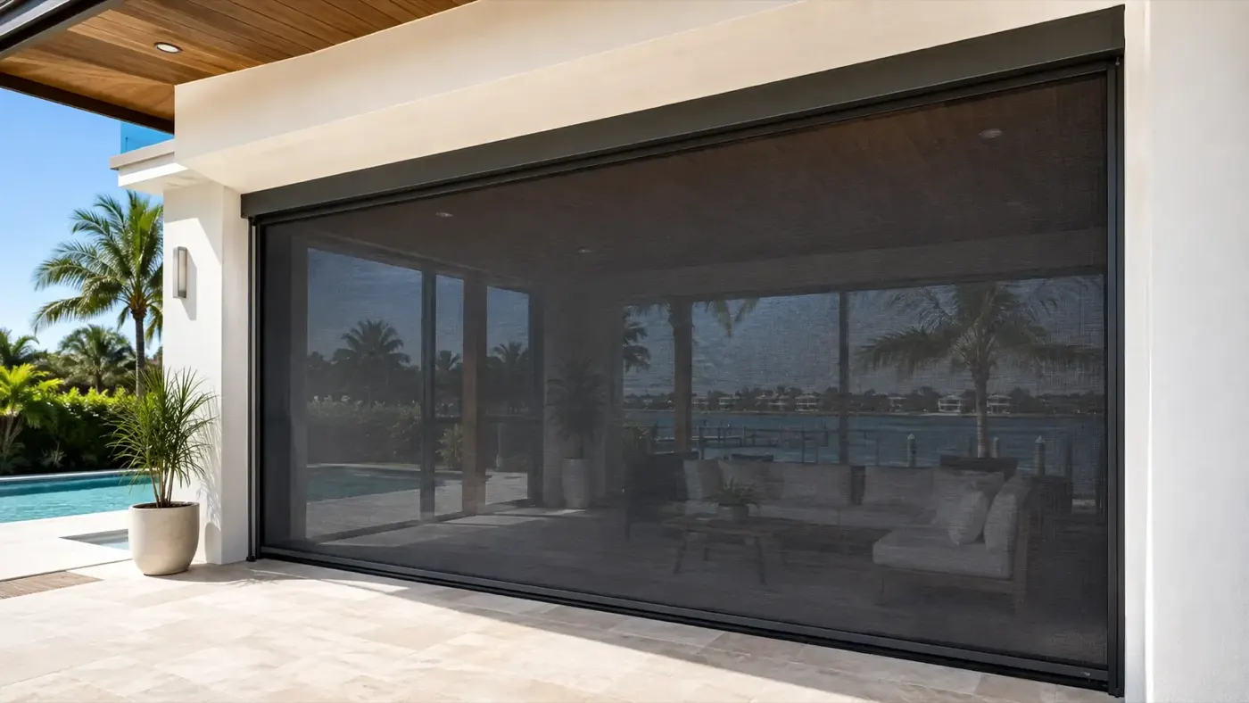 Large motorized retractable screen on a waterfront patio